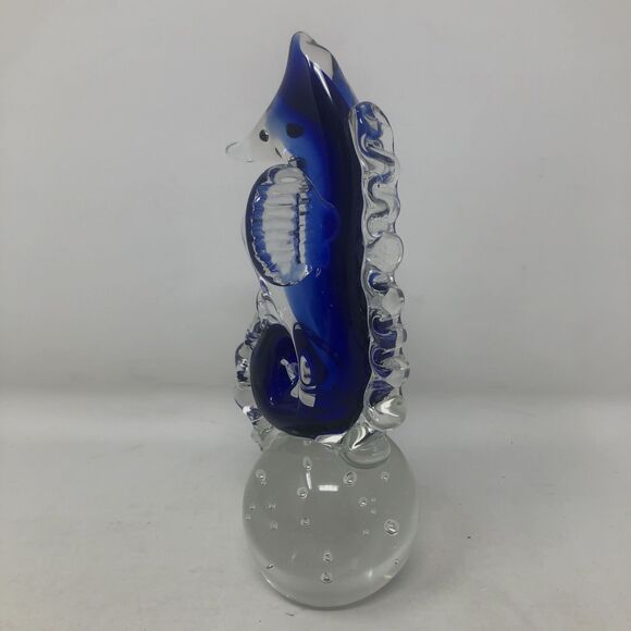 Art Glass Seahorse Paperweight Cobalt Blue Bullicante Bubbles 7" Beachy Coastal - Picture 5 of 11